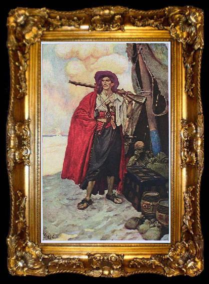 framed  Howard Pyle The Buccaneer was a Picturesque Fellow: illustration of a pirate, dressed to the nines in piracy attire., ta009-2